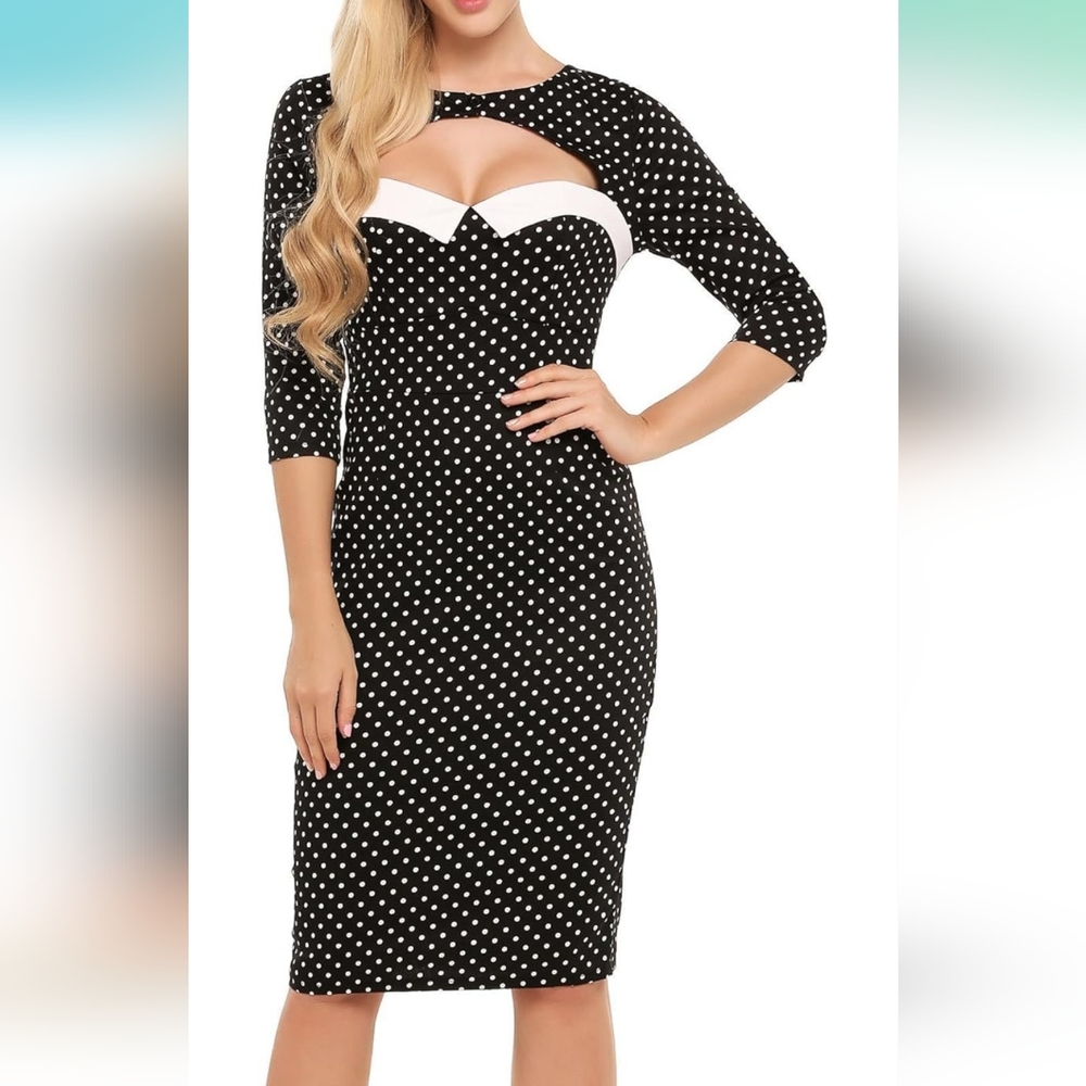 Elegant Black and White Polka Dot Long Sleeve Dress